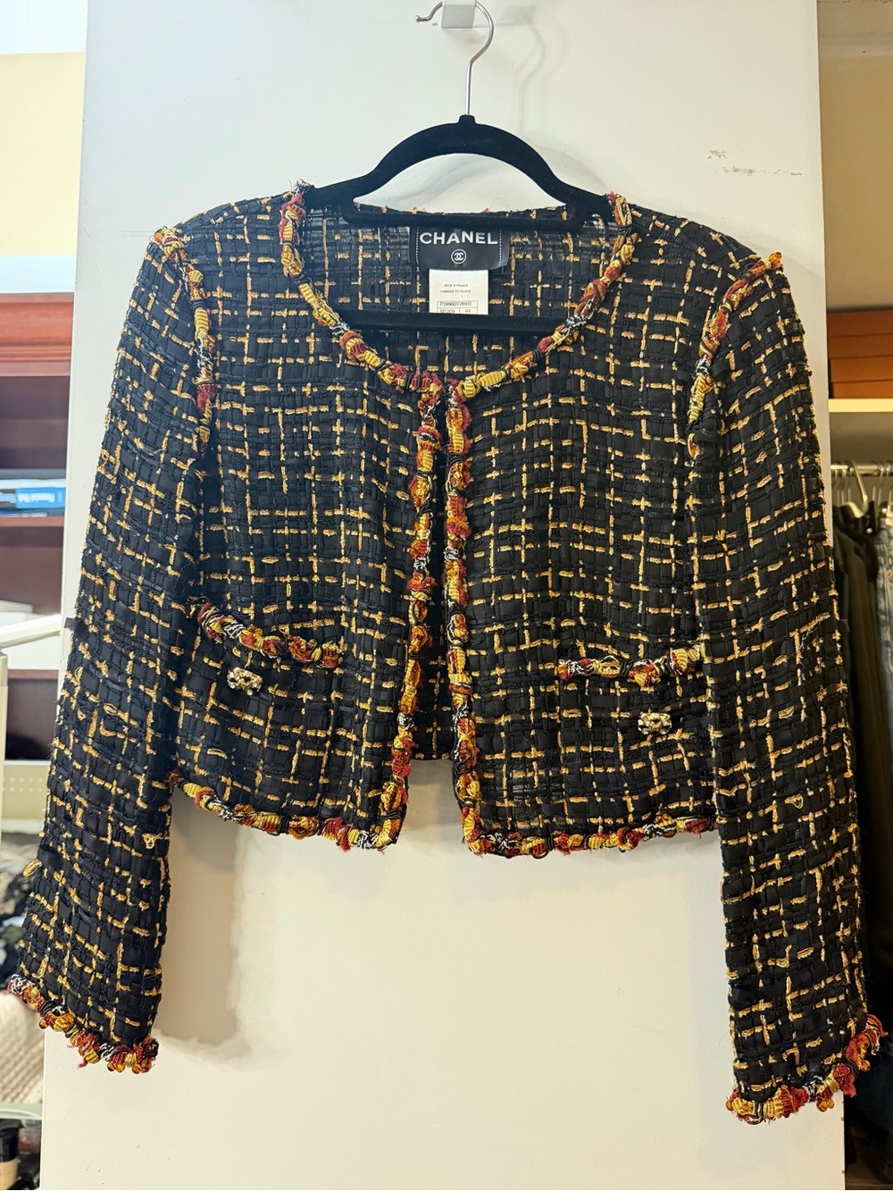 CHANEL 2011 Runway Black Tweed Cropped Jacket with Gold & Red Accents